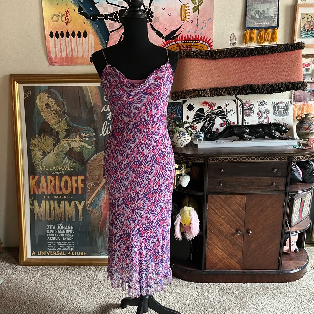 Vintage betsey johnson 90s does 30s cowl neck slip dress with beaded hem medium